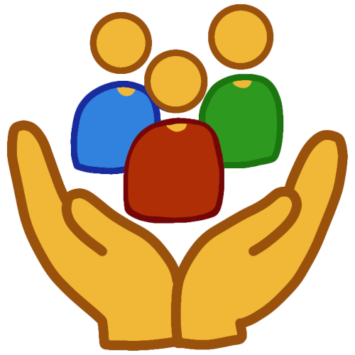 hands hovering over 3 people with red, blue, and green shirts. there is white outline.